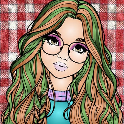 girl with long hair and freckles and glasses realistic