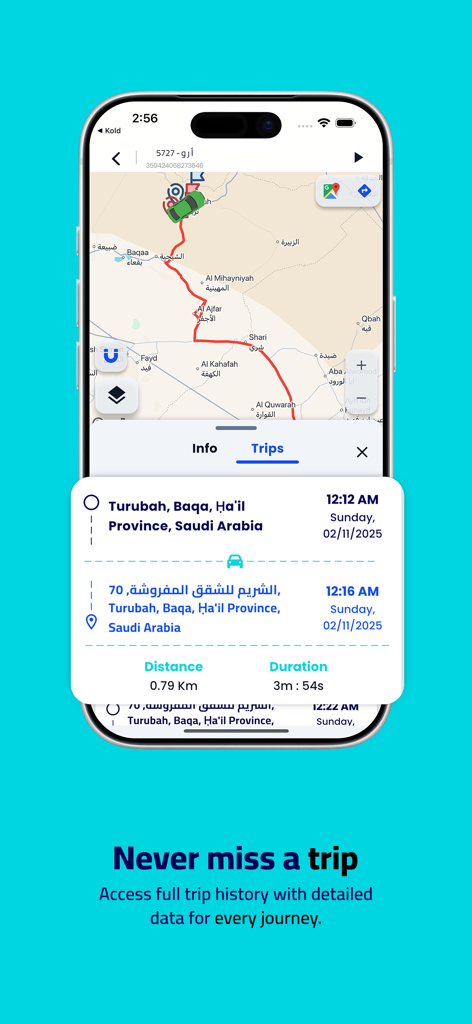 Ein Smartphone, das die TMTGPS-App mit detaillierter Fahrtenhistorie und einer Kartenroute anzeigt