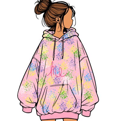 realistic girl with a oversized sweatshirt on and a bun
