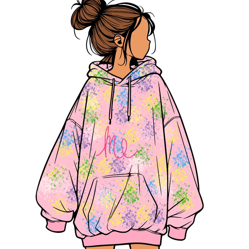 realistic girl with a oversized sweatshirt on and a bun