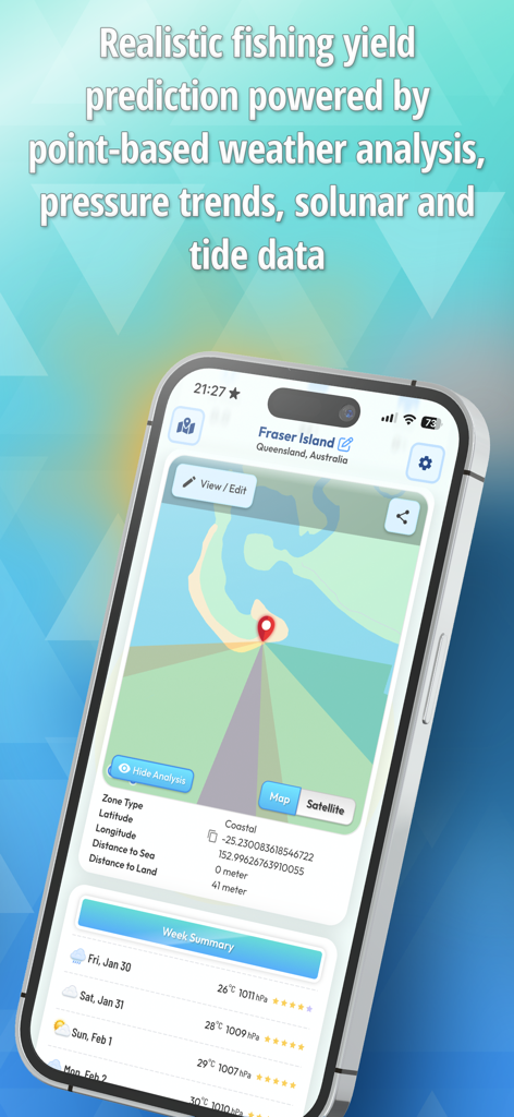 Fishero - Angler Forecast - Fishero app interface showing a detailed fishing yield prediction map and weekly forecast summary for a coastal location.