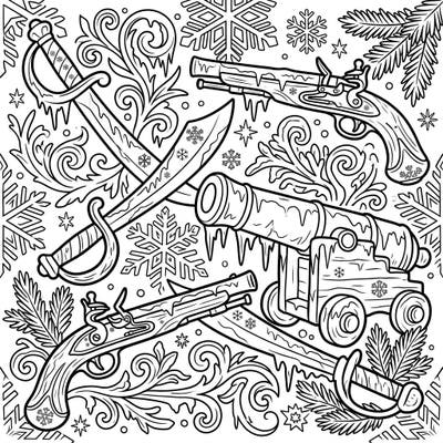 Prepare for a unique coloring challenge as pirate weaponry gets a frosty makeover! This intricate page showcases cutlasses, pistols, and a cannon, all beautifully adorned with ice and snowflakes for a captivating winter scene.