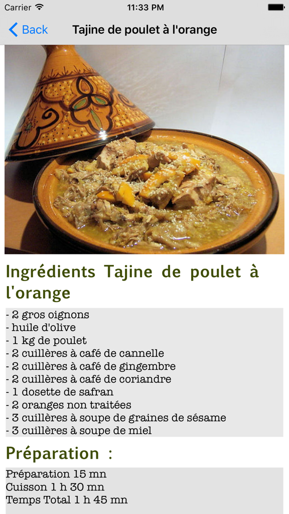 Recipe for chicken and orange tajine with ingredients and preparation time