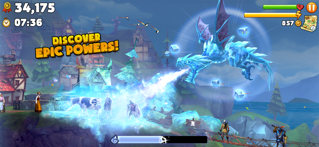 Hungry Dragon: by Hungry Shark - Un dragón de hielo azul usando un poder épico de aliento congelante sobre personajes en una aldea medieval