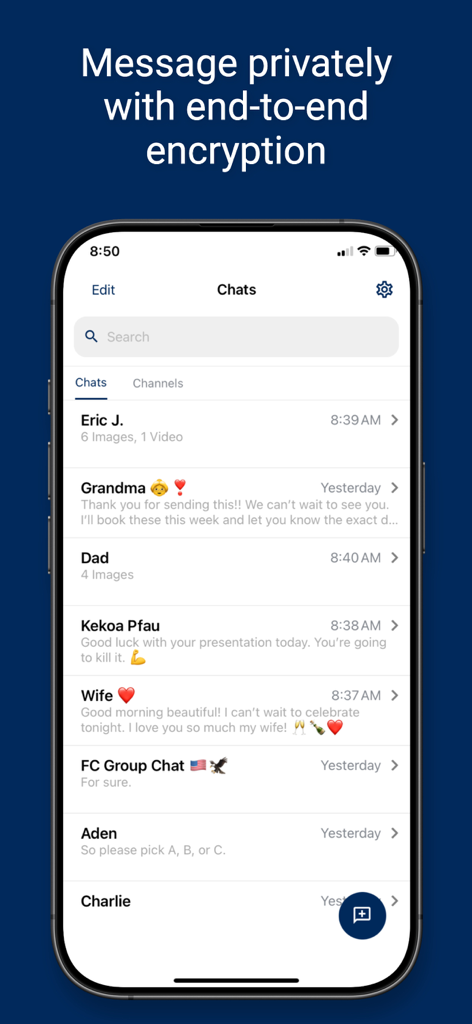 Freedom Chat - Freedom Chat app interface showing a list of private encrypted messages.