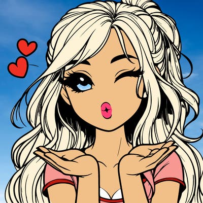 realistic girl winking and blowing a kiss while making heart hands