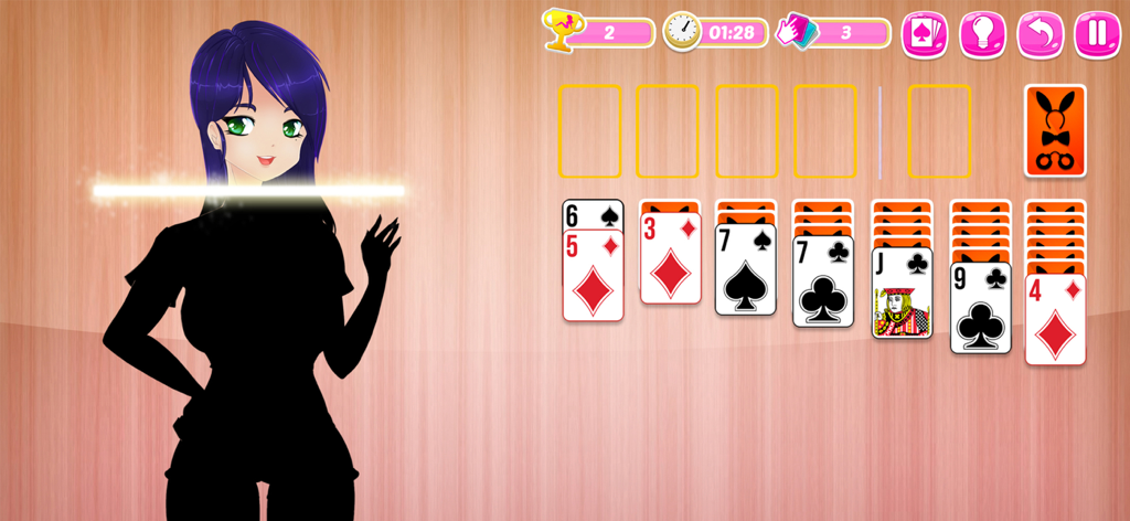 Solitaire Manga Girls - A solitaire card game layout next to a silhouette of an anime girl character on a wooden background