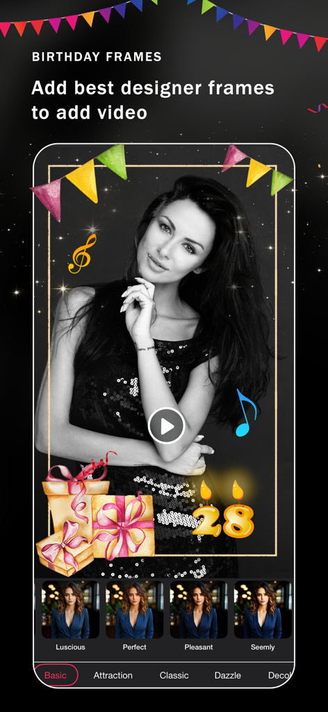 Birthday Video Maker Songs - Aplicación creadora de videos de cumpleaños mostrando marcos y filtros de diseñador para un video de celebración