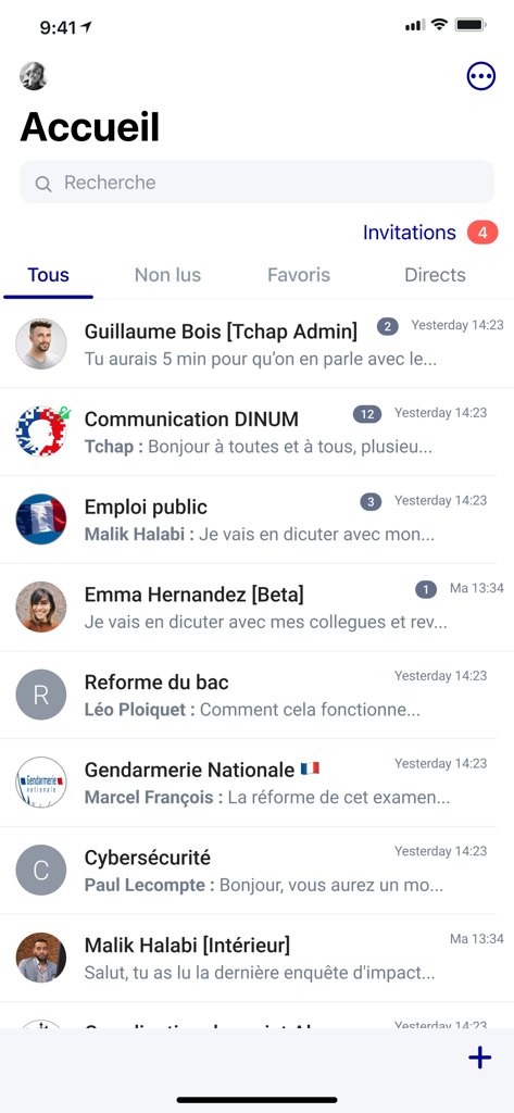 Tchap messaging app home screen with a list of secure professional conversations