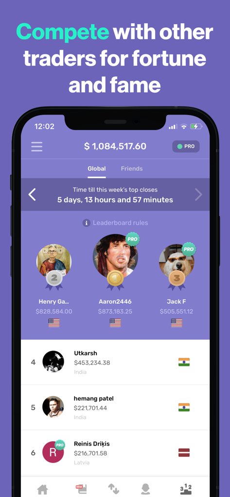 주식 시장 시뮬레이터 앱의 최고 랭킹 트레이더와 가상 이익을 보여주는 글로벌 리더보드 화면