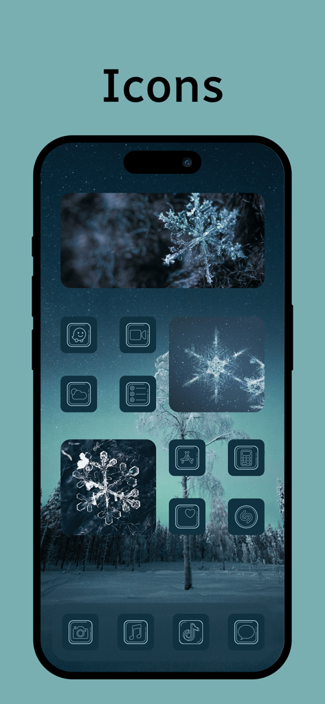 Iconos estéticos personalizados de copos de nieve de invierno en una pantalla de inicio de iPhone
