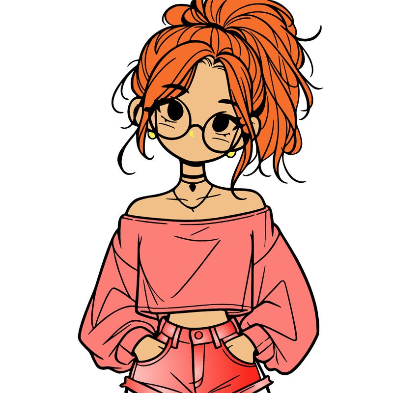 girl with a messy ponytail glasses a baggy crop top and jean shorts