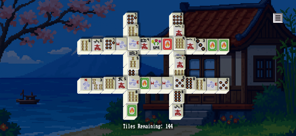 A retro pixel art mahjong board layout set against a moonlit landscape with a traditional house and cherry blossoms
