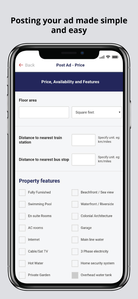 LankaPropertyWeb Property App - Mobile screen showing the property ad posting process with features and location details