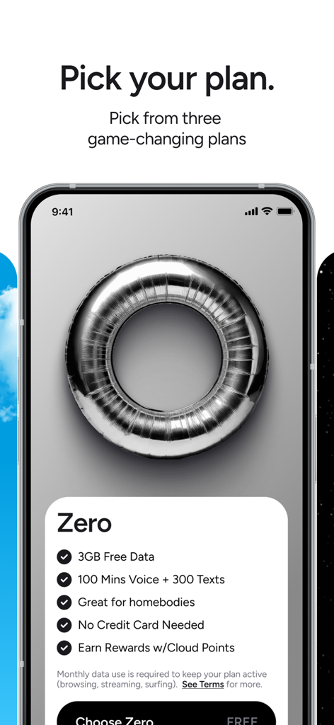 Helium Mobile app screen showing the free Zero plan with 3GB of data and rewards