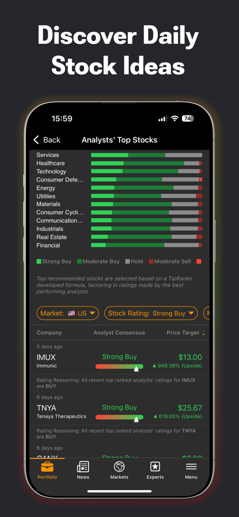TipRanks mobile app displaying analysts top stocks with consensus ratings and price targets