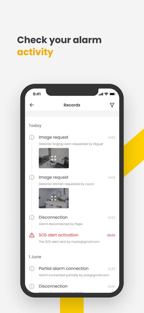 Prosegur SMART. - Prosegur SMARTアプリのセキュリティ活動記録とアラーム履歴を表示する画面。