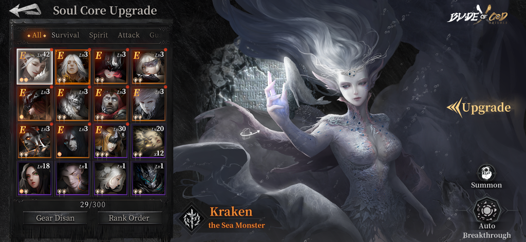 Blade of God X: Orisols - Soul Core Upgrade interface in Blade of God X featuring Kraken the Sea Monster and a character card grid