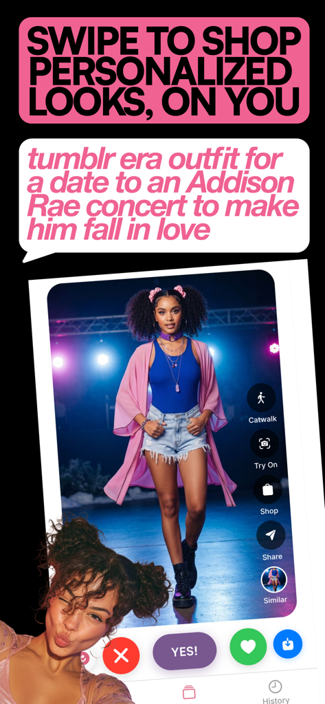 A woman wearing an AI-generated tumblr era outfit in a fashion app interface with a swipe to shop feature