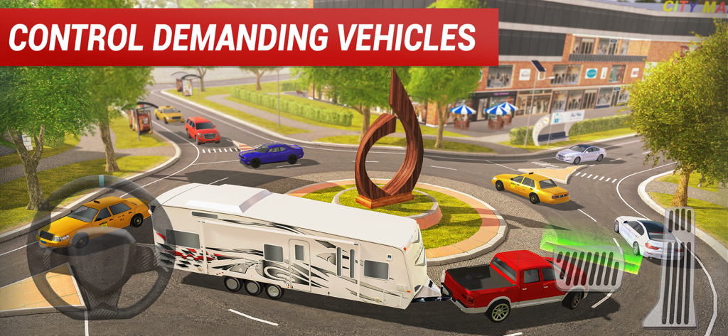 Roundabout 2: City Driving Sim - A red pickup truck towing a caravan through a city roundabout in a driving simulation game