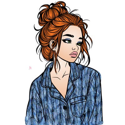 realistic woman with pajamas on and a messy bun