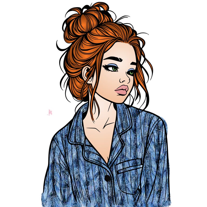 realistic woman with pajamas on and a messy bun