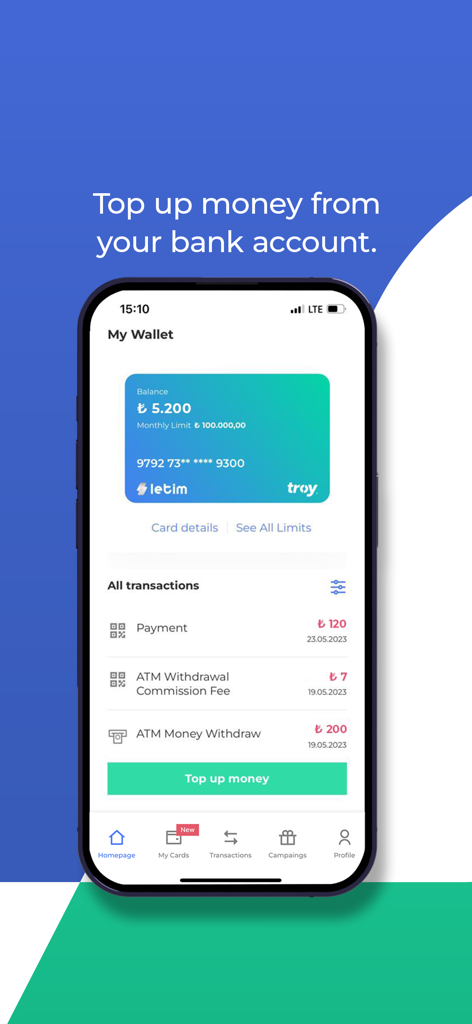 Letim app interface showing a virtual Troy card balance and a transaction history including ATM withdrawals and payments in Turkish Lira.