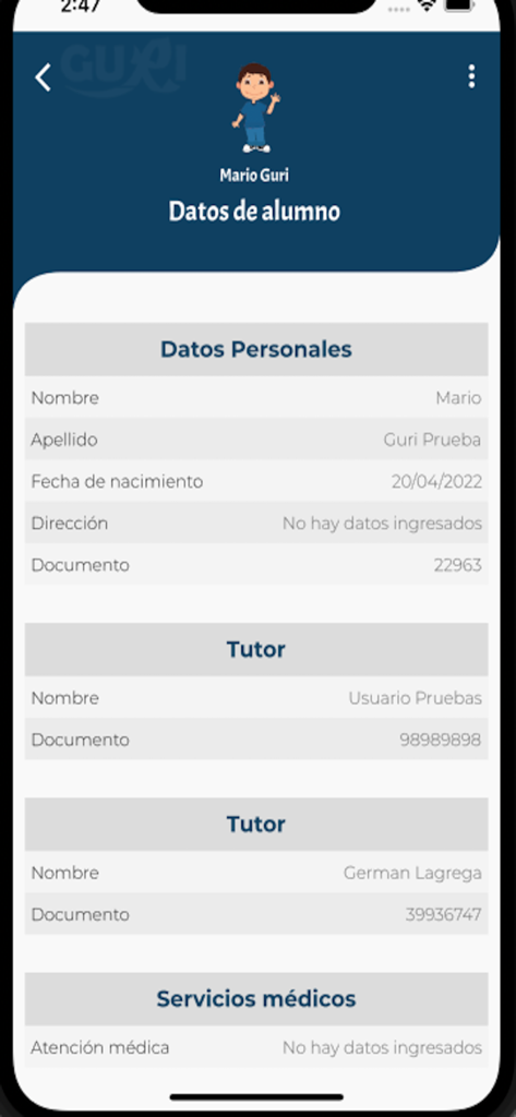 GURI Familia - Mobile app screen showing student personal information and guardian details.