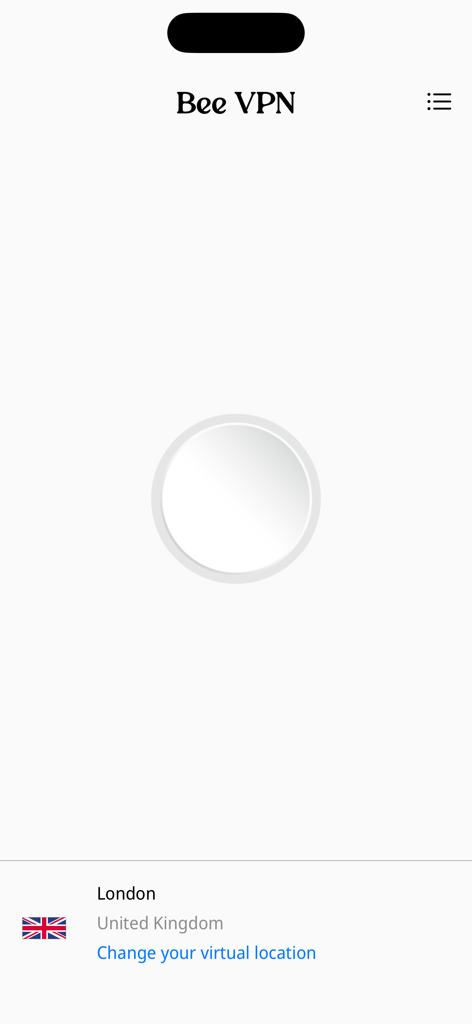 Interfaccia dell'app Bee VPN con un pulsante di connessione centrale e Londra, Regno Unito selezionato come posizione virtuale.