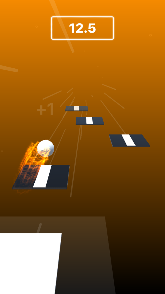 A white ball with a fire effect bouncing on dark tiles in a music rhythm game