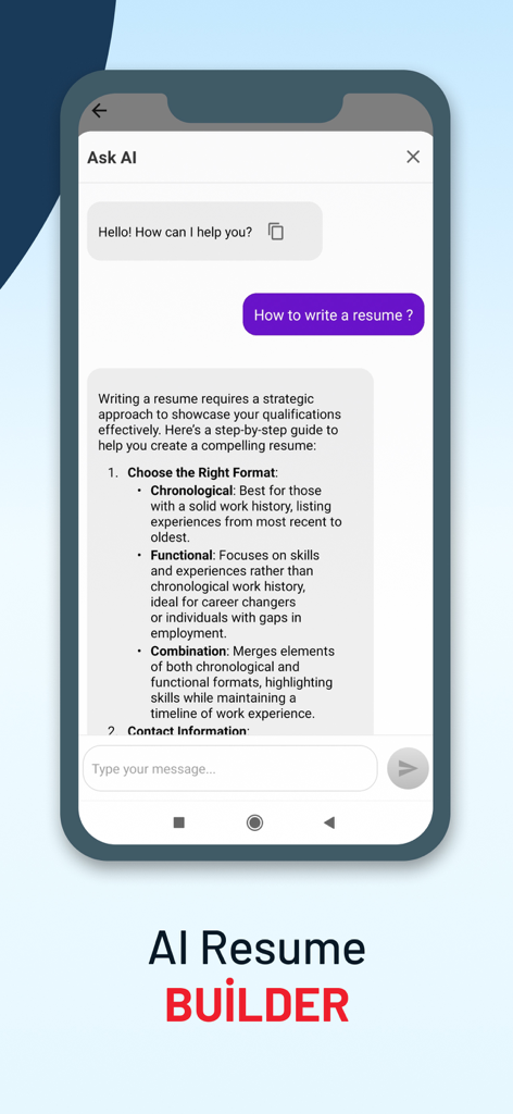 Boost CV & AI Resume Builder - Boost CV app AI chat interface showing professional resume writing tips and formatting advice
