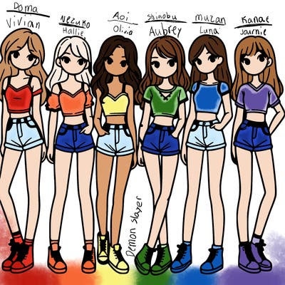 a group of girls wearing crop tops and shorts