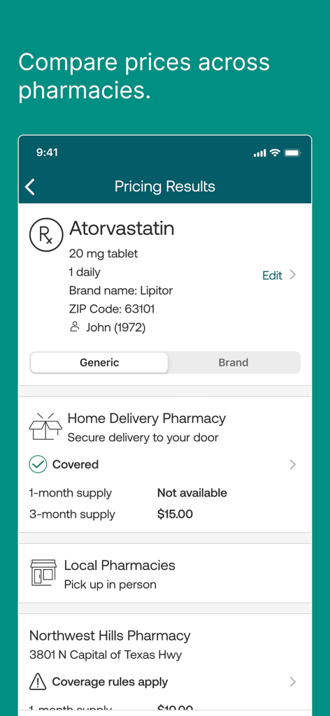 Interface de l'application Express Scripts montrant une comparaison des prix des médicaments entre la livraison à domicile et les pharmacies locales
