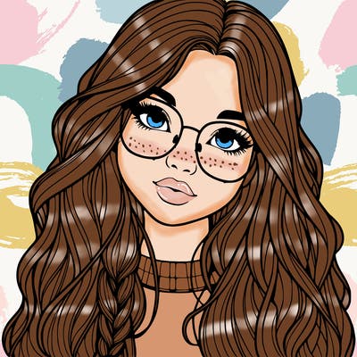 girl with long hair and freckles and glasses realistic
