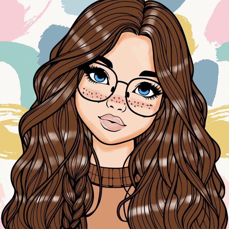 girl with long hair and freckles and glasses realistic