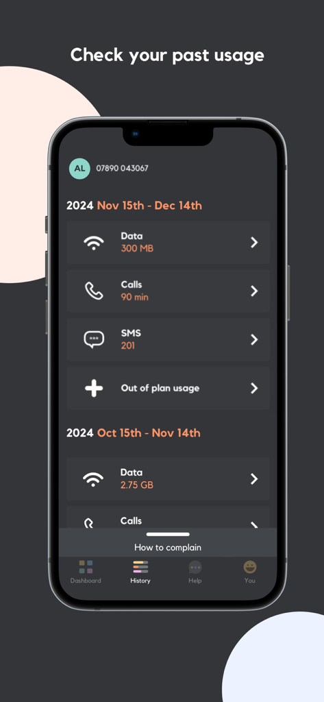 SMARTY - Pantalla de historial de la app SMARTY que muestra el uso mensual de llamadas, texto y datos móviles