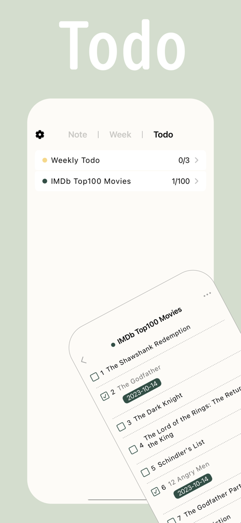 Goalday - 2026 Planner - Interface of the Goalday app showing a Todo list section with a weekly task tracker and a curated IMDb Top 100 movie bucket list.