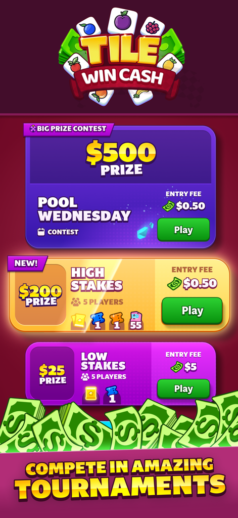 Tile Match - Win Cash - Tournament selection screen in Tile Match Win Cash showing prize pools and entry fees for competitive matches