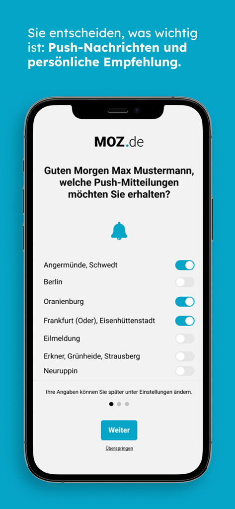 MOZ.de - MOZ.de app interface showing personalized push notification settings for local German news regions