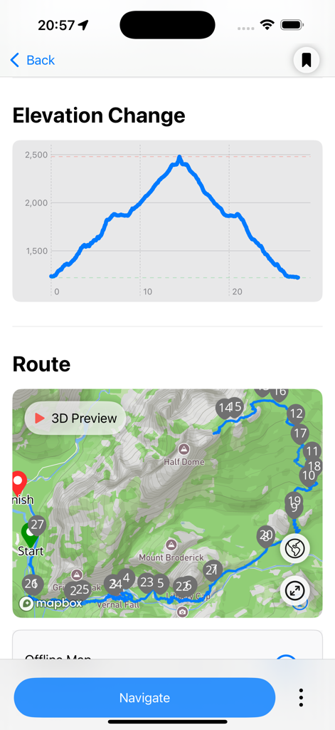 Hikely - Hike, Bike, Run - Interfaz de la aplicación Hikely que muestra un gráfico de elevación de ruta de senderismo y una ruta de mapa detallada con puntos de inicio y final