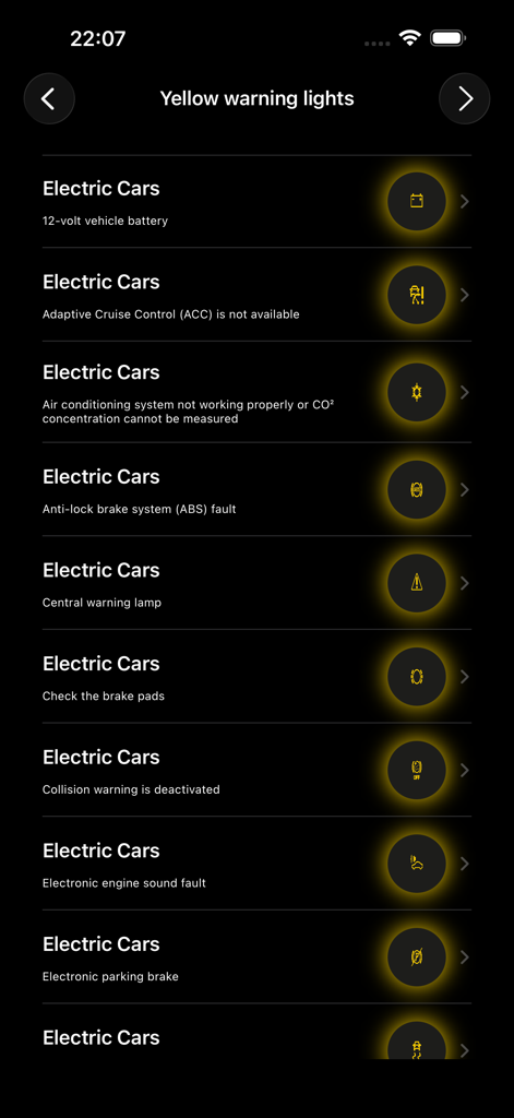 A list of yellow warning lights and their meanings for electric vehicles in the Support EV Cars app.