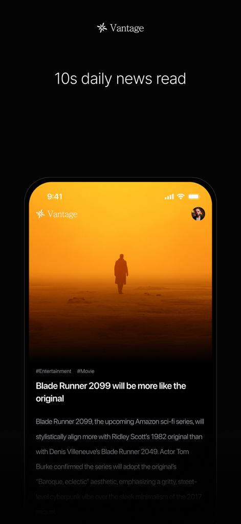 Vantage Media - Vantage app interface showing a 10-second daily news summary about the Blade Runner 2099 series