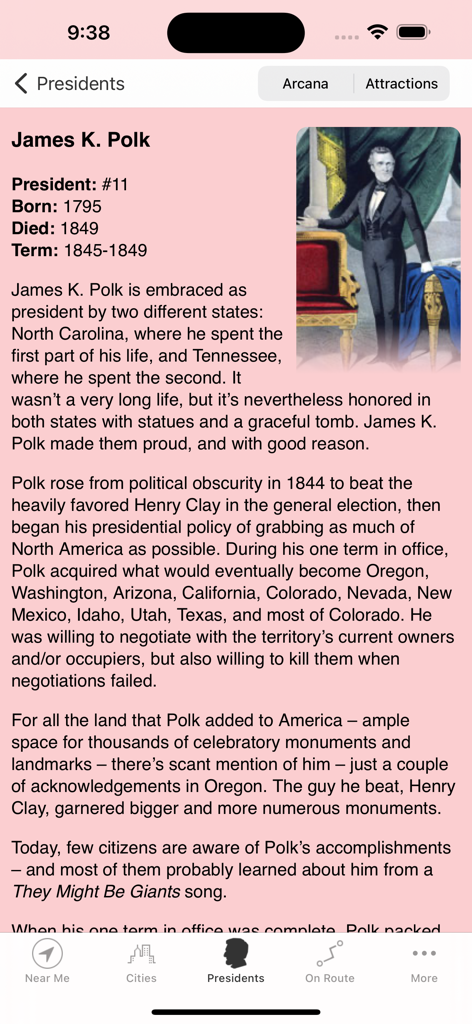 Roadside Presidents - Biographical profile of President James K. Polk in the Roadside Presidents app
