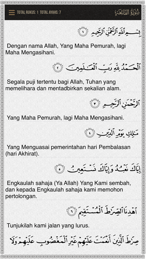 Quran Malay - Interface of the Quran Malay app displaying Arabic verses with Malay translations from Surah Al-Fatihah