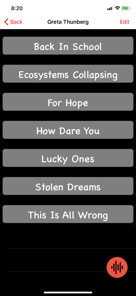 Gaffe: Political Soundboard - A screenshot of the Gaffe app showing a list of sound clips for Greta Thunberg including How Dare You and Stolen Dreams.