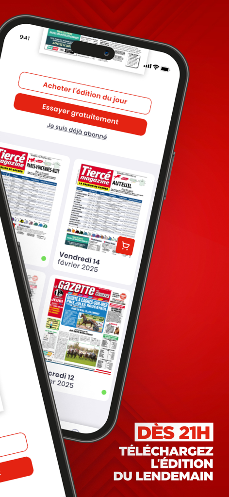 Interface of the Tierce Magazine mobile app displaying digital horse racing magazine covers and subscription options