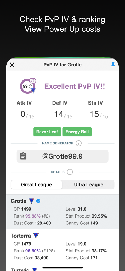 Interface do Poke Genie mostrando rankings de IV de PvP e custos de aumento de poder para Grotle