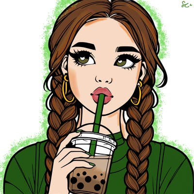 realistic girl with braided hair drinking boba
