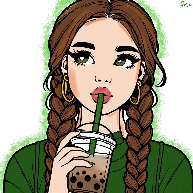 realistic girl with braided hair drinking boba