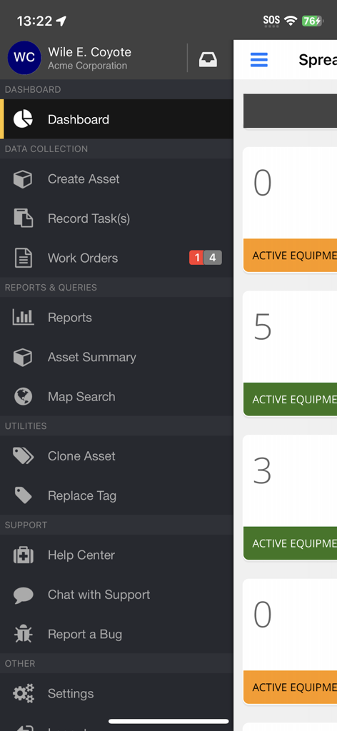 Nektar 모바일 앱의 사이드 메뉴에는 대시보드, 데이터 수집, 보고서 및 지원에 대한 탐색 옵션이 표시됩니다